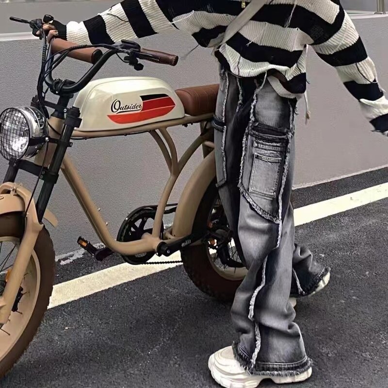 Jins tepi kasar bintang perca Amerika Niche industri berat Jeans longgar Y2k celana kaki lebar gaya Gotik Harajuku modis