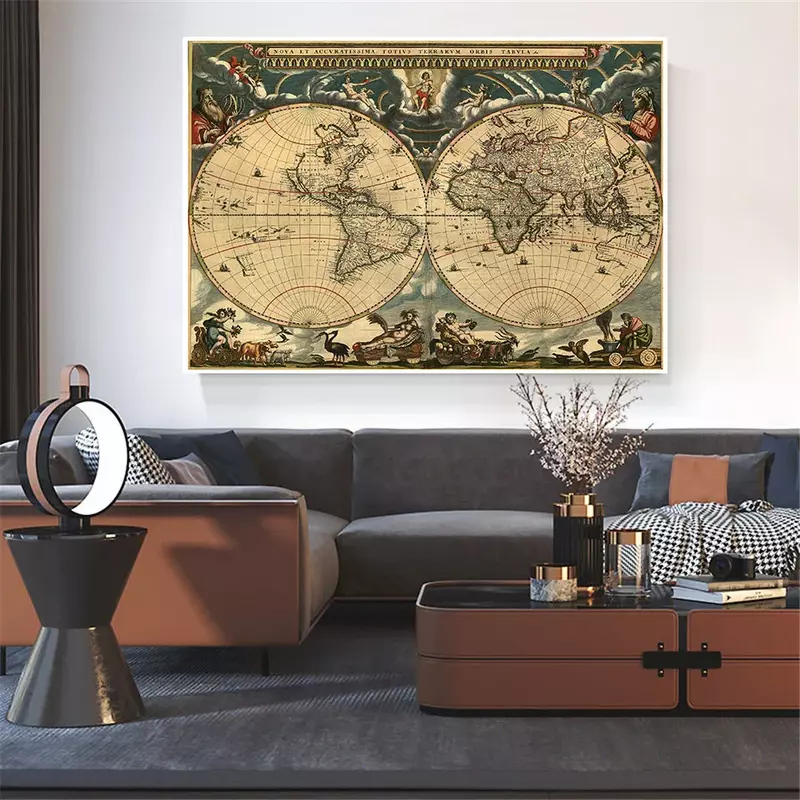 Affiche Vintage de la Carte du Monde de 59x42cm, Toile Rétro, Décoration Murale pour Salon, Fournitures Scolaires