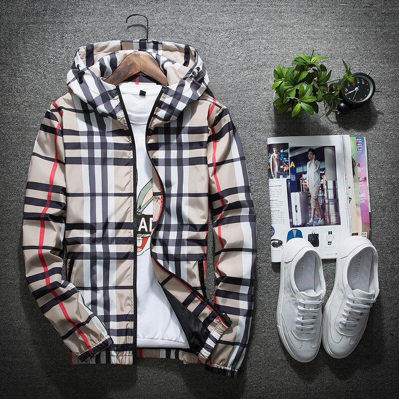 용수철 남성용 루즈 체크 무늬 프린트 재킷, 한국 버전, 편안한 야외 여행, 패션 트렌드, 후드 트렌치 코트, 신상