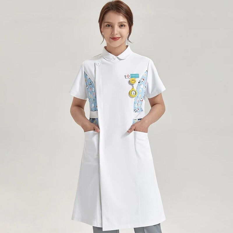 Платье для медсестры с принтом скрабы жизнеспособная Медицинская туника белая женская одежда для ветеринара для домашних животных Рабочая форма стильные платья для кормления халат 803-01
