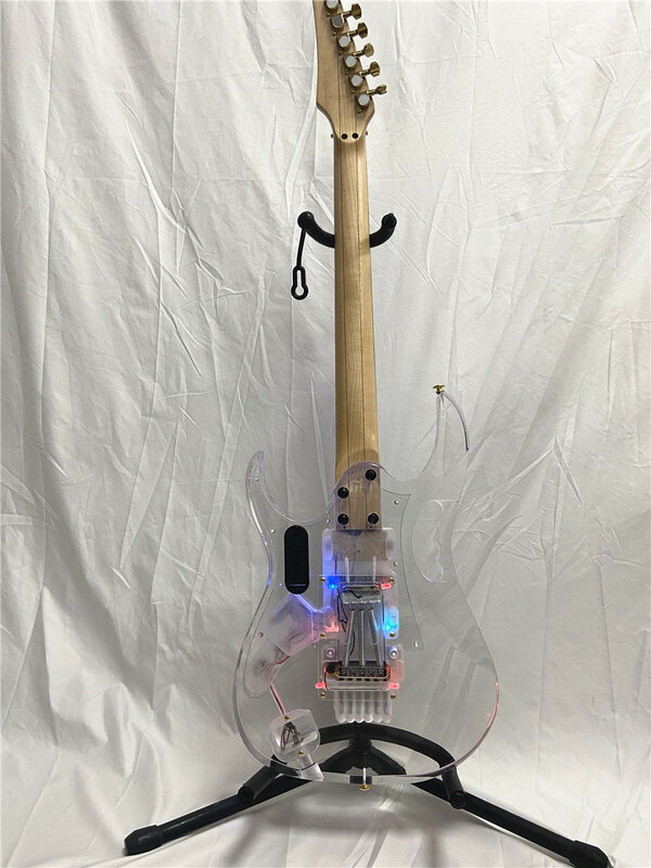 Wysokiej jakości akrylowy krystalicznie czyste z pleksiglasu podwójny wstrząs gitara elektryczna w kolorze led akcesoria do lśniąca złota za darmo
