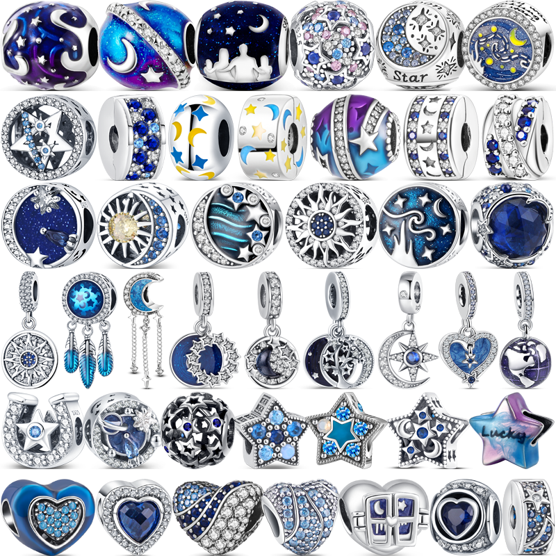 925 Sterling Silver Blue Beads, Mysterious Starry Sky Star Moon Sun Galaxy Encantos do coração, se Fits Pulseira Pandora Original, jóias DIY