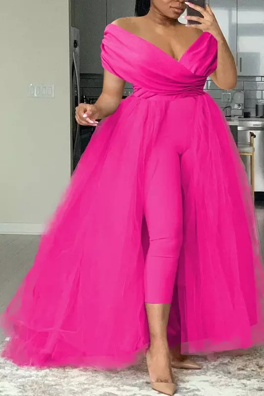 Plus Size Formal Casual One Piece Outfit Solid Off The Shoulder V Neck Tulle Jumpsuit ELegant (With Tulle Skirts)