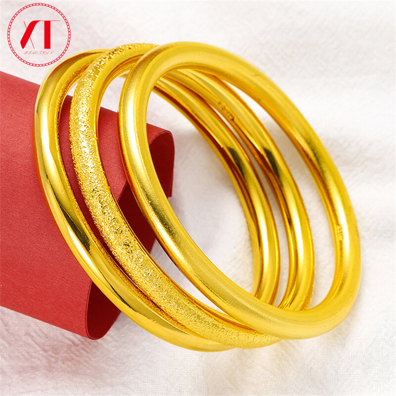 Braccialetto placcato oro 24 carati classico rotondo semplice lucido smerigliato cerchio braccialetto per le donne gioielli da sposa regali Dia62cm