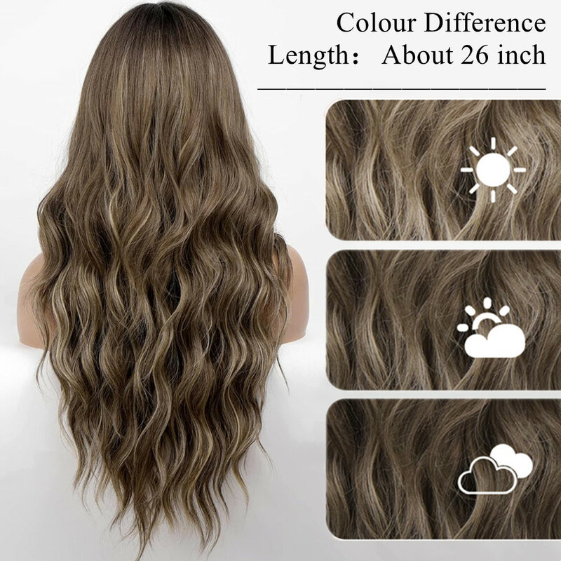 ALAN EATON Brown Highlight Long Wave Wigs for Women Synthetic Wig with Bangs Ombre Mixed Color Natural Looking Hair for Daily