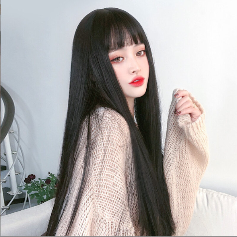 70CM Long Black Straight Wig with Bangs for Women Heat Resistant Fashionable Elegant Synthetic Wig for Daily Party and Cosplay