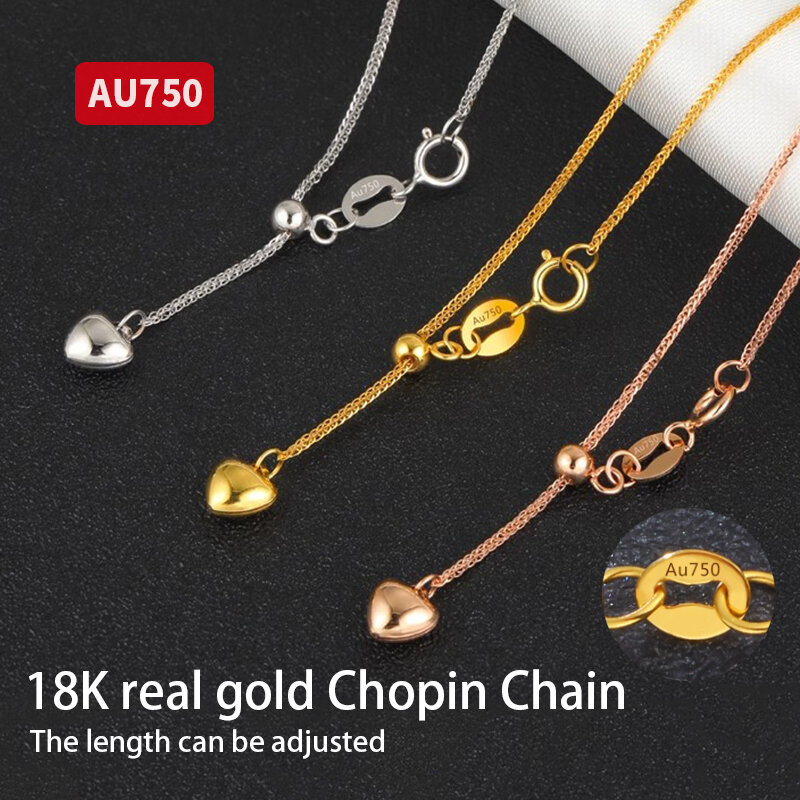 18K złoty Chopin naszyjnik Au750 zwykły łańcuch damski regulowany rozciąganie rozszerzenie w kształcie łańcuszek z sercem łańcuszek do obojczyka