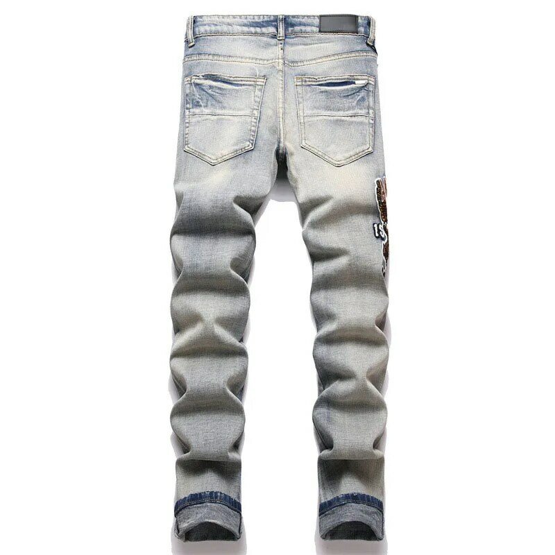 Celana Jeans bordir pria, celana Denim robek huruf Punk untuk pria, celana panjang Denim Hip Hop ramping, celana jins Hombre pria, baru, 2024