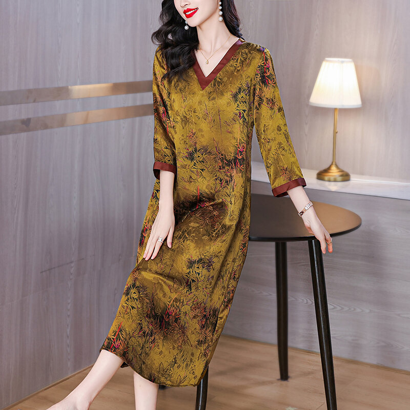 2024 Summer New Silk Retro Satin Short sleeved Dress for Women V-neck Loose Large Print Slim Knee Length A-line Skirt