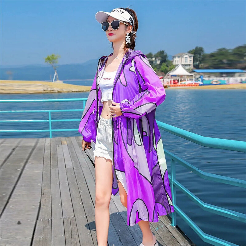 Summer Women Jacket New Sun Protection Clothing Women's Loose Breathable Hooded Printing Thin Coat Female Sunscreen Tops 2023