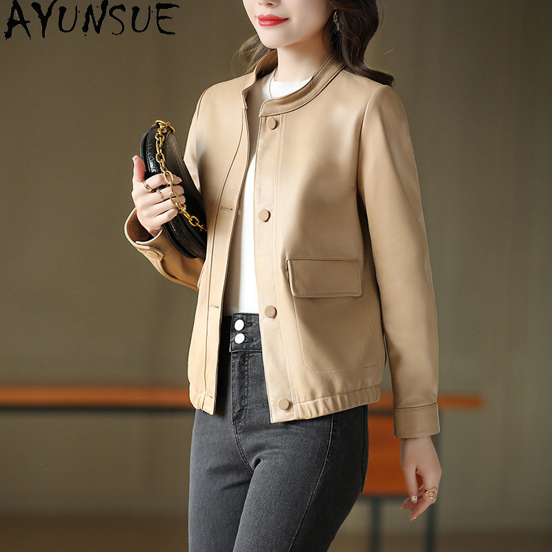AYUNSUE-Chaqueta de piel auténtica para mujer, abrigo de piel de oveja auténtica, chaquetas cortas de cuero con cuello levantado, 2023