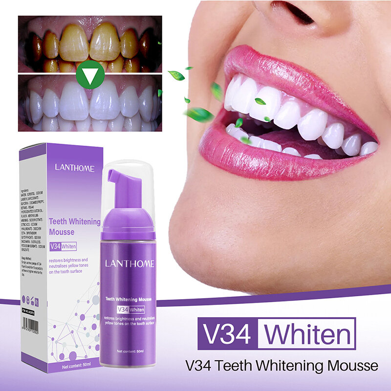 Creme dental Mousse V34, Creme dental Clareador Eficaz, Removendo a mancha dentária, Amarelo, Oral, 50ml
