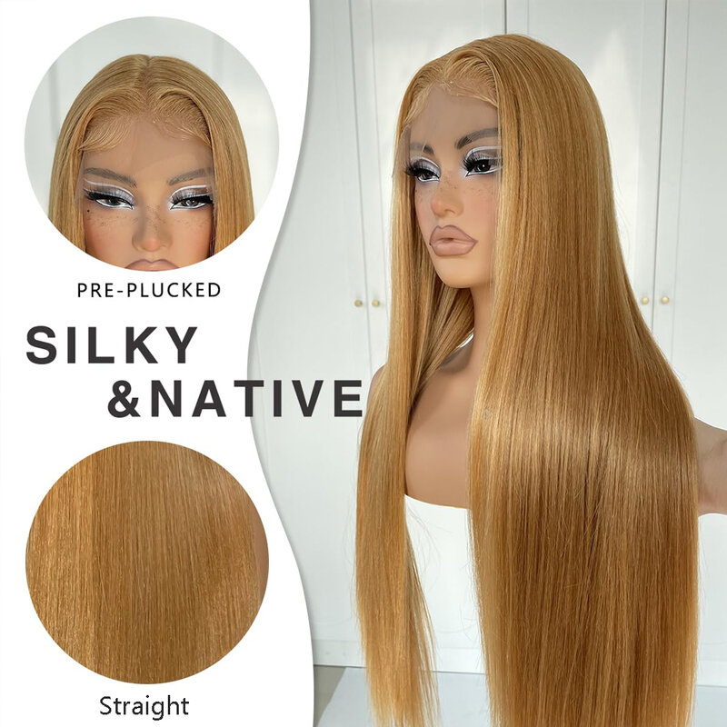 Glueless Ginger Straight Lace Wigs 180% Density Honey Blonde Long Straight Synthetic 13X4 HD Lace Wig Pre Plucked 30 inches