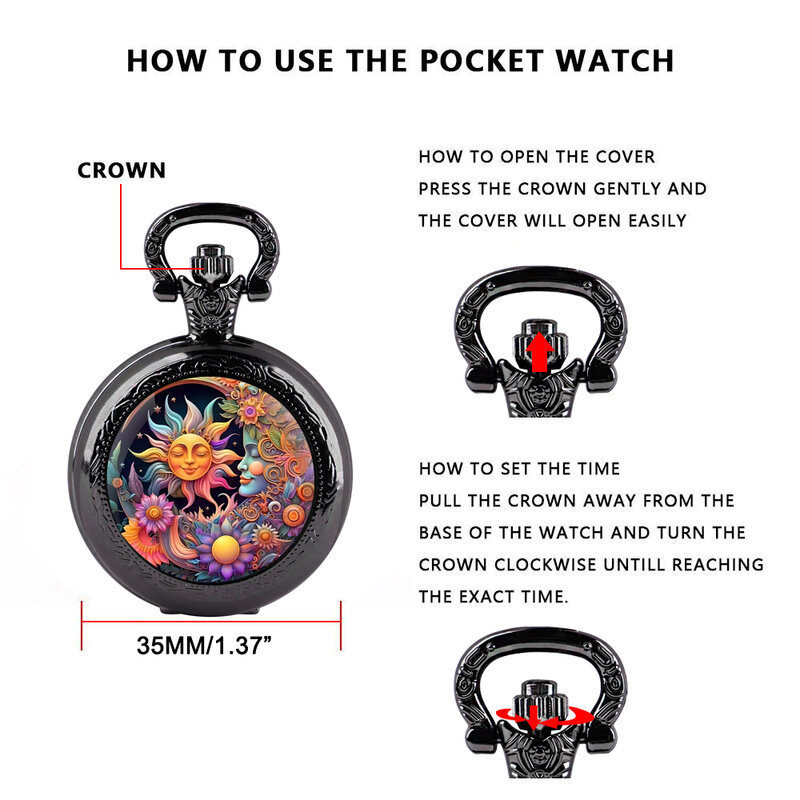 Vintage Creative Sun and Moon Design Quartz Pocket Watches for Women Gilrs Watch Unique Pendant Clock Necklace Jewelry Gifts