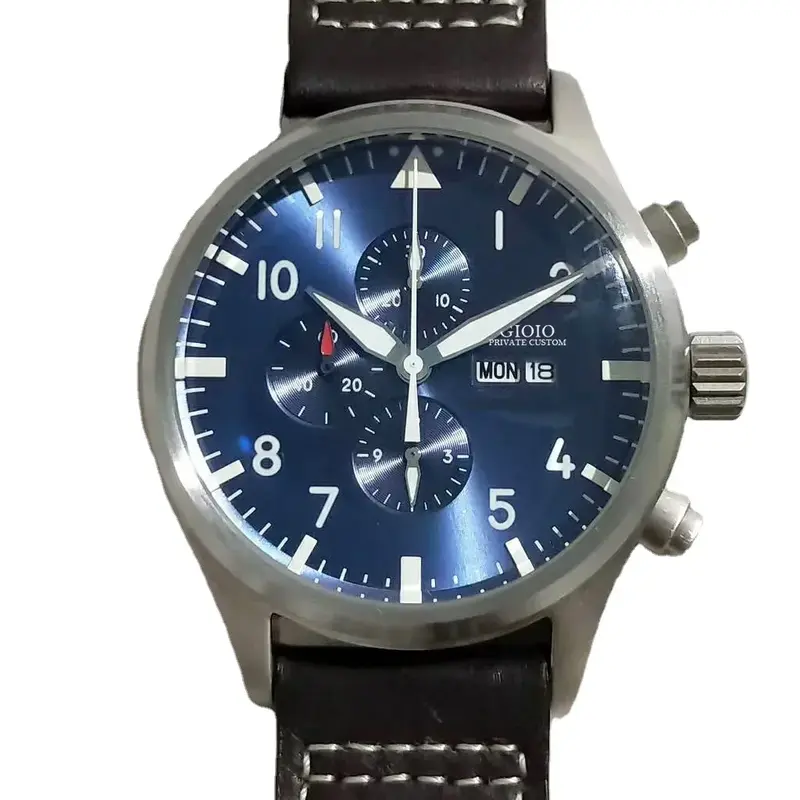 Relógio cronógrafo de luxo masculino, aço inoxidável, preto, couro, azul, data de dia, piloto, quartzo, novo