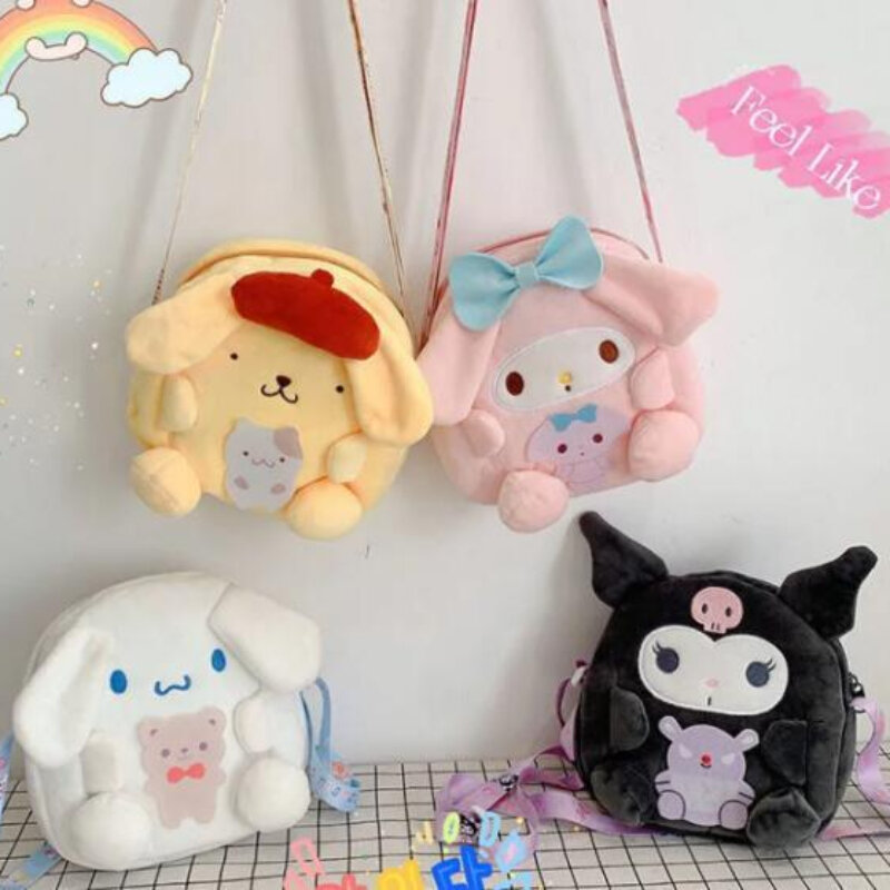 Kawaii Sanrio Mochila Feminina, Brinquedos de Pelúcia, Cute Bag, Presentes de Aniversário das Meninas, Kuromi Cinnamoroll, Pompompurin My Melody