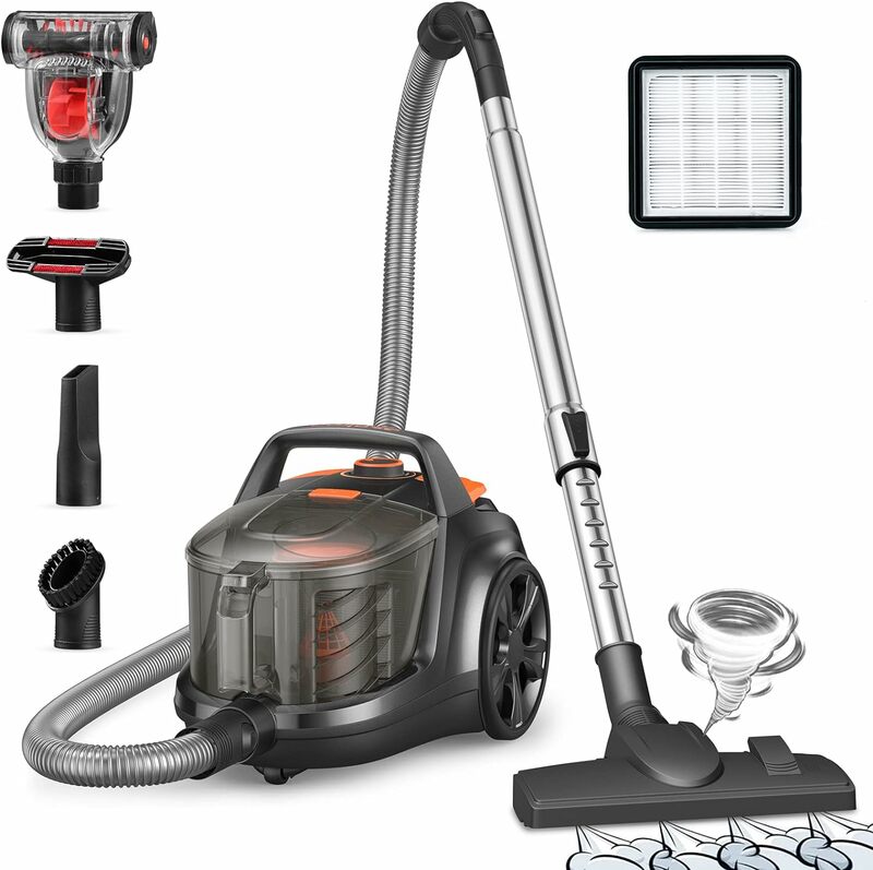 Aspiron Canister Vacuum Cleaner, 1200W Lightweight Bagless Vacuum Cleaner, 3.7QT Capacity, Automatic Cord Rewind, 5 Tools