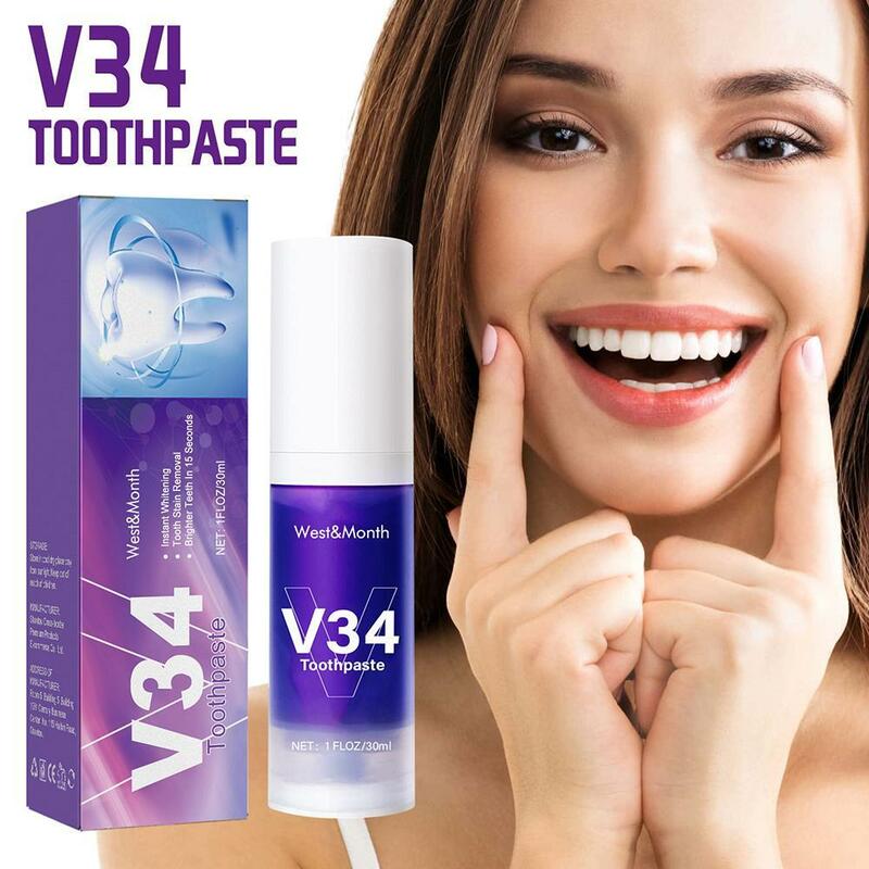 V34 lila White ning Zahnpasta entfernung Zahn flecken Reinigung Mundhygiene Bleichen Zahn werkzeuge frischer Atem Zahnpflege30ml