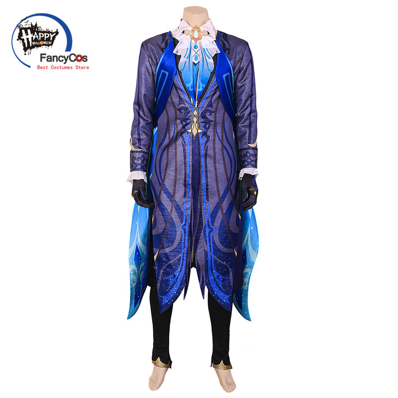 Disfraz de Cosplay de Genshin Fontaine, uniforme de impacto, peluca, capa, guantes, jefe de la justicia, fiesta de Halloween, Carnaval