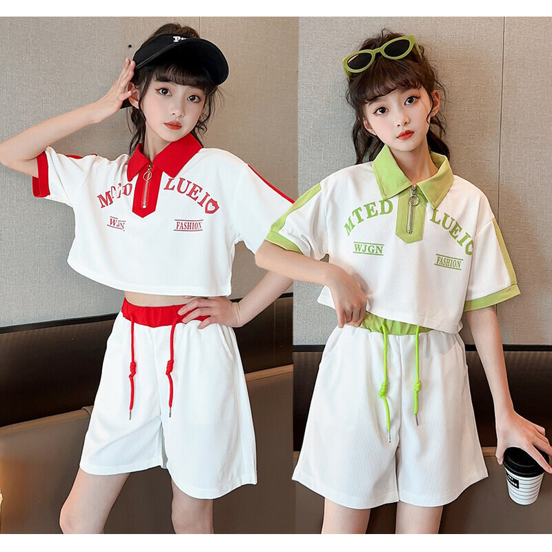 Conjunto de ropa deportiva para niñas, camiseta con solapa de letras y pantalones de estilo corto, traje de 2 piezas para niños de 2 a 12 años, novedad de verano