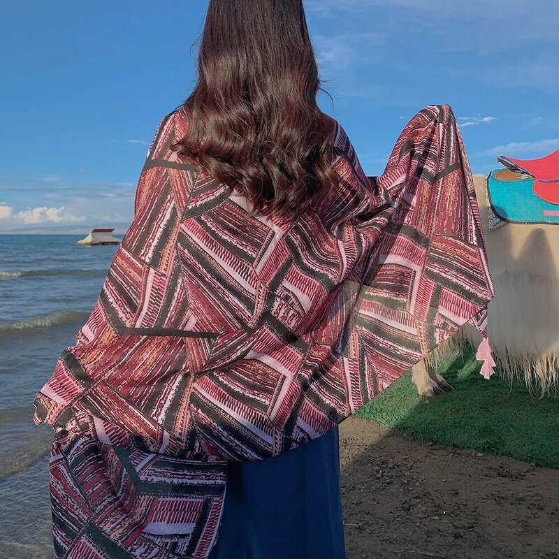 Écharpe de plage de style ethnique pour femme, manteau d'été, écharpe de simulation de tourisme, cape de protection solaire, grand châle de plage, imprimé Everak Lady Red