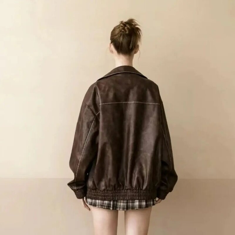 Early autumn women's clothing  Fashion new unique and super beautiful American niche small fragrant brown leather jacket