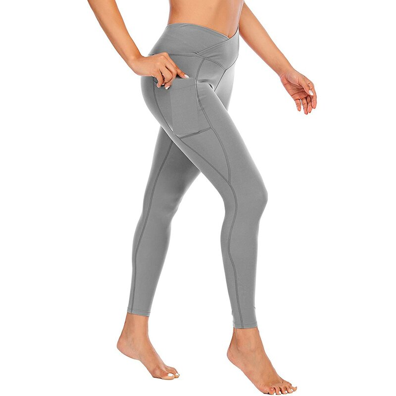Celana Yoga wanita, celana atletis sederhana, legging ketat elastis pinggang tinggi dengan saku, celana Yoga angkat pinggul warna polos untuk perempuan