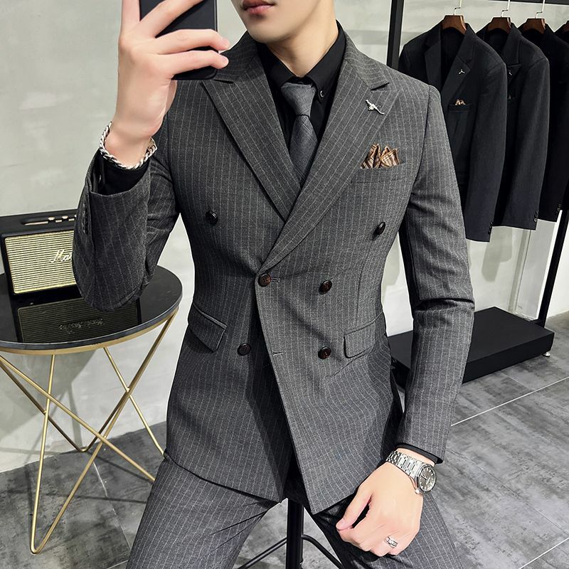 Traje a rayas de doble abertura para hombre, chaqueta informal de estilo coreano delgado para jóvenes, vestido de novia para novio de moda, 2-A14