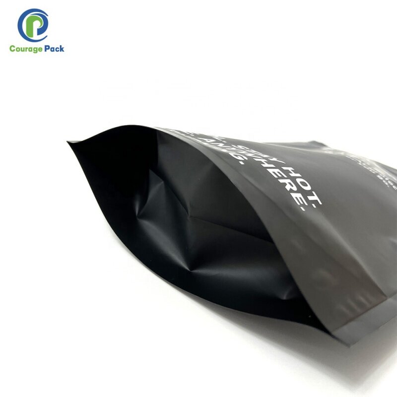 Produk kustom, tas ritsleting plastik dapat ditutup kembali, tas kemasan cetak kustom kantung berdiri hitam Matte tahan bau