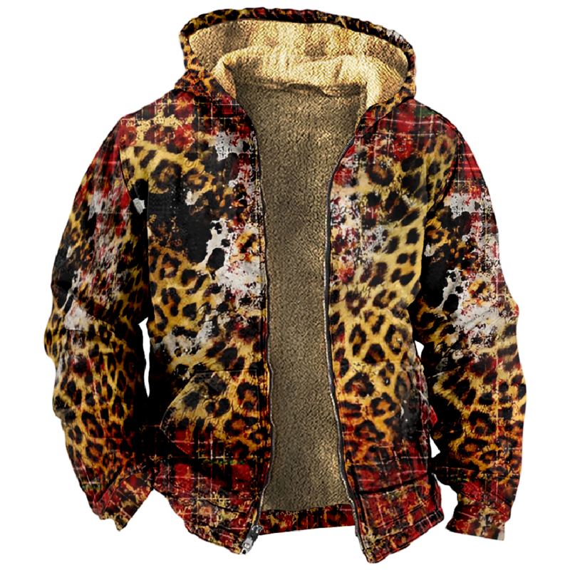 Abrigos de invierno con estampado de leopardo para hombre y mujer, Sudadera con capucha de manga larga con cuello alto y cremallera, ropa de moda