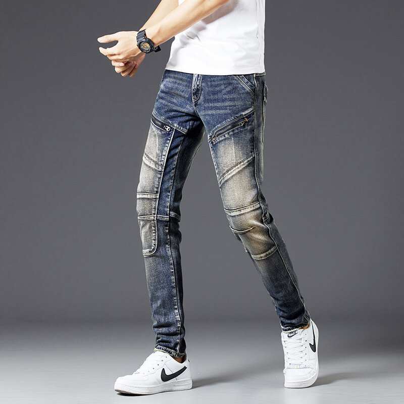 High-End Men's Vintage Jeans Street Tide Brand Personality Zipper Slim Fit Patchwork Stretch Retro Motorcycle Long Pants