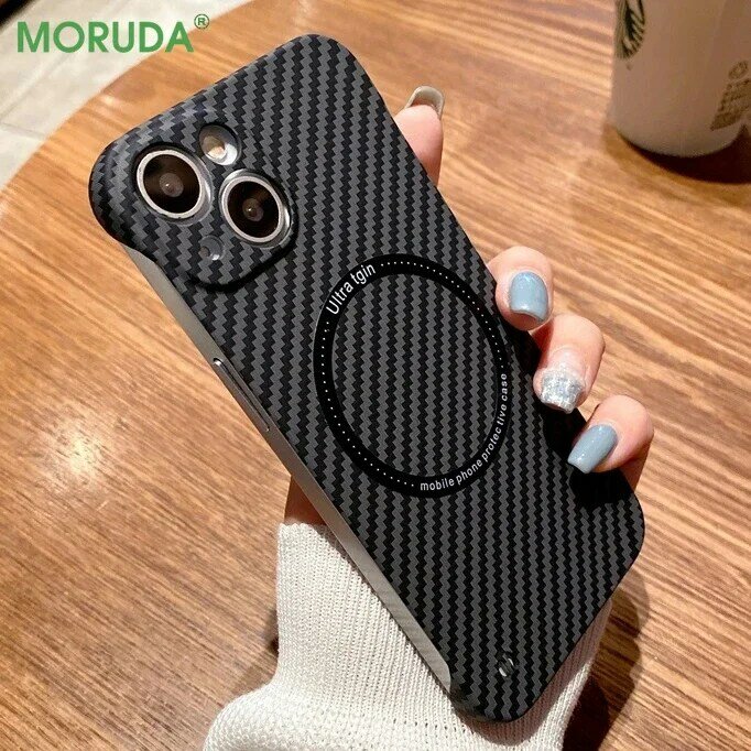Magnetic Wireless Charging PC Case for iPhone 14 13 12 11 Pro Max 14 Pro Magsafe Carbon Fiber Texture Frameless for Hard Cover