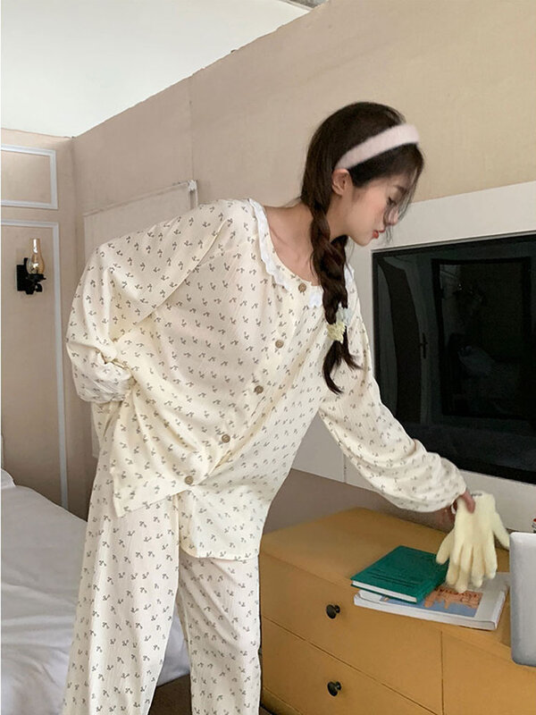 Sweet Printed Lace Collar Home Suit For Women Spring New Long Sleeved Pants 2Pcs Pajamas Casual Cardigan Female Home Sleepwear