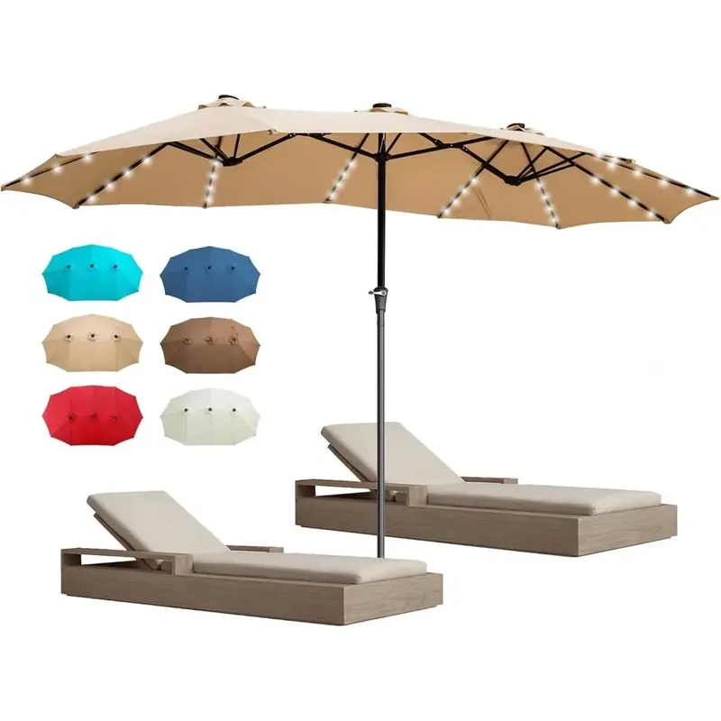 Guarda-chuvas dupla face com manivela, Extra Grande, Mercado de mesa ao ar livre, Luzes LED solares