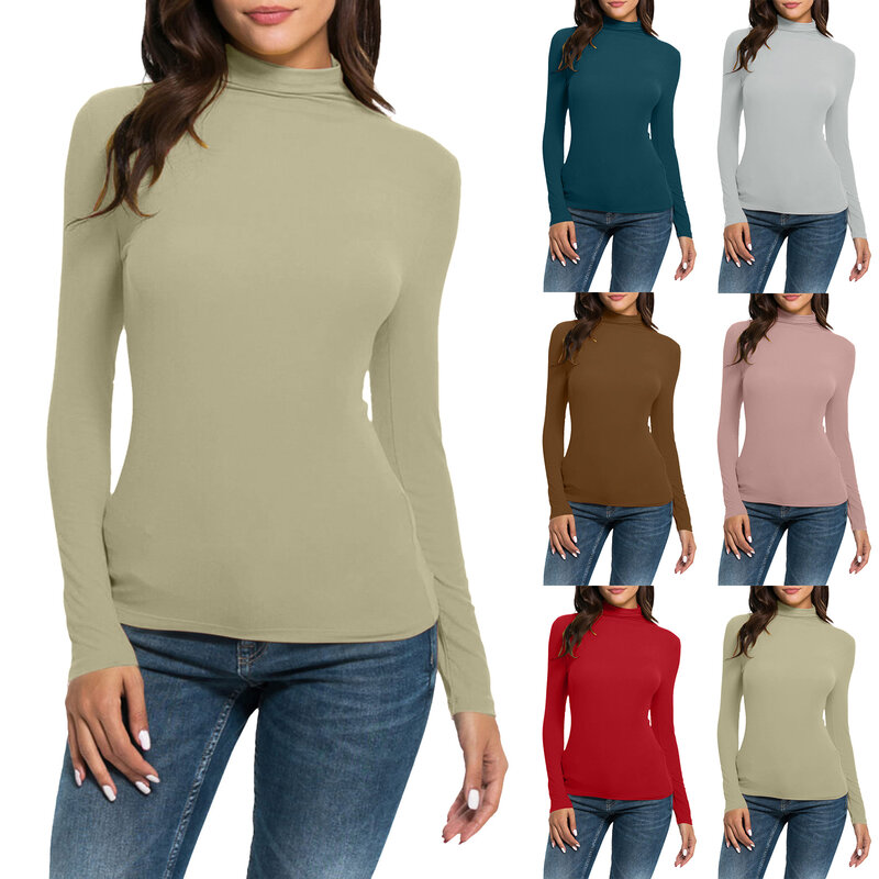 Women Fashion Solid Long Sleeve Mock Turtleneck Blouse Tops Slim Fit Stretchy Layer Tee Shirts
