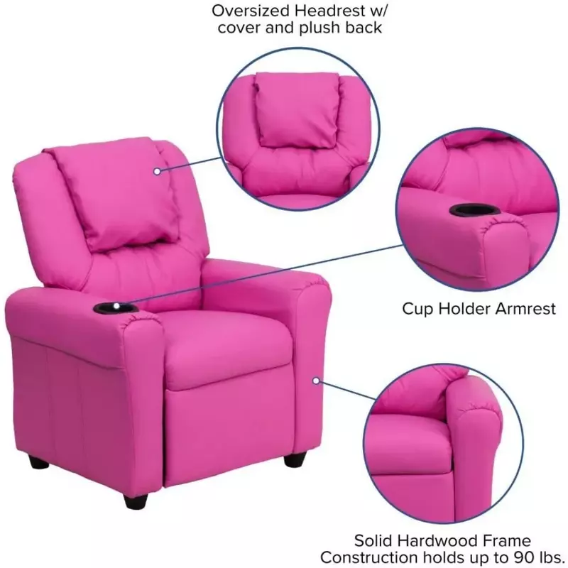 Children's sofa with cup holder, headrest and security, modern children's sofa with support up to 90 lbs, pink