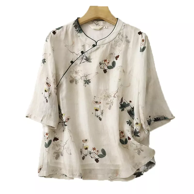 Blusa de manga curta solta vintage feminina, camisas estampadas, roupa de linho algodão, estilo chinês, verão