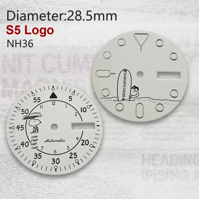 28.5mm S Logo Snoopy Cartoon Dial adatto per NH36/4 r36 movimento Pilot Dial Green Luminous Watch ModificationAccessories