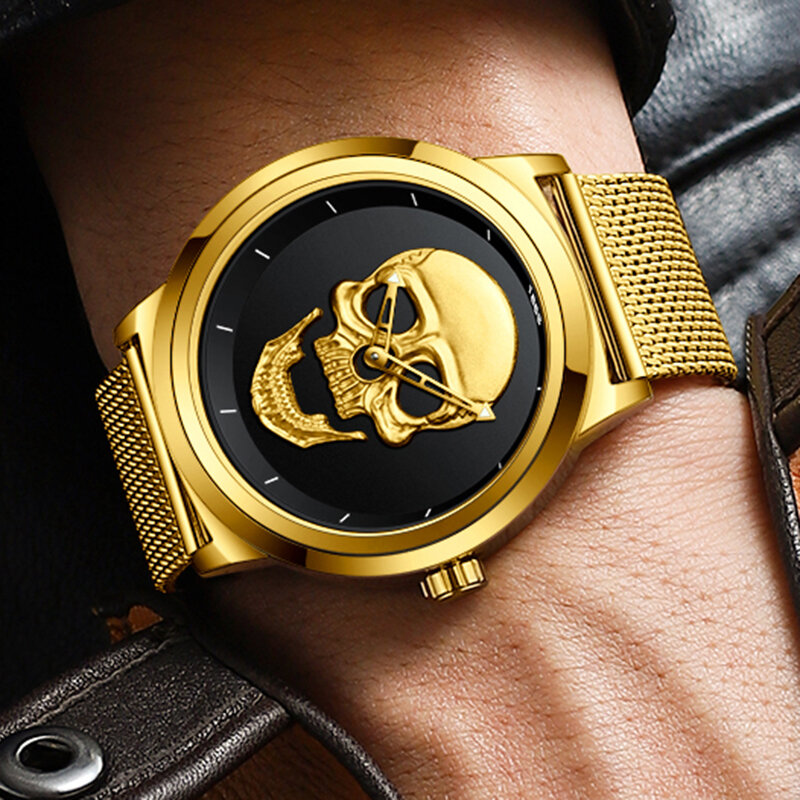 LIGE Top Luxury Brand Gold Black Skull Men Watches with Stainless Steel Sports Waterproof Quartz Clocks Male Creative Wristwatch