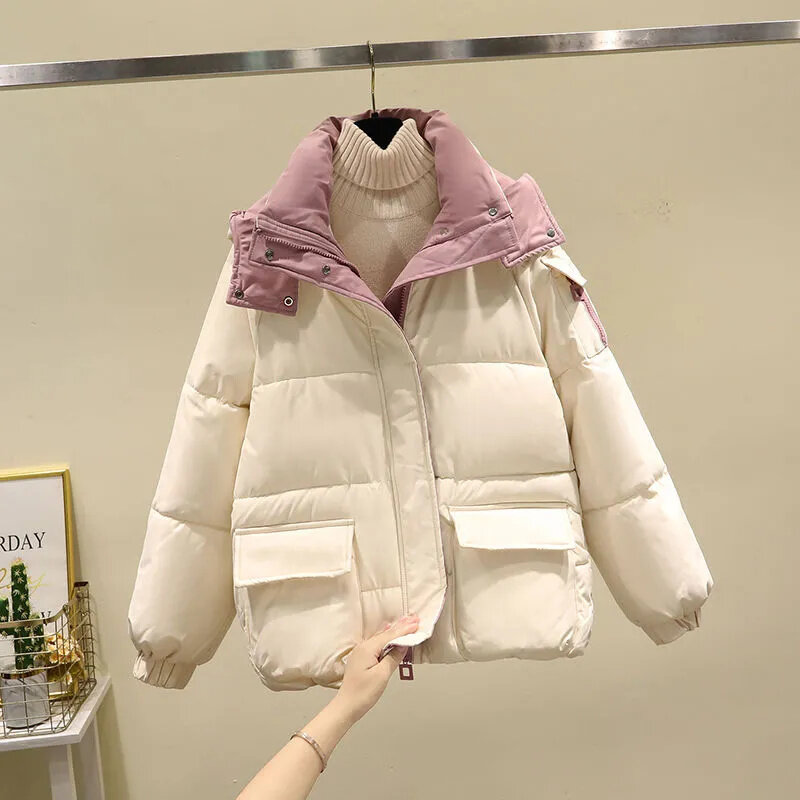 Jaqueta de algodão com capuz feminino, casaco solto, gola alta, sobretudo de bolso, casacos grossos, moda feminina, outono, inverno, novo