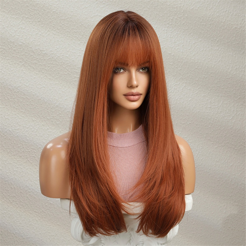 Long Wig with Bangs for Women Straight Orange Wig Layered Synthetic Heat-Resistant Chemical Fiber Wigs for Party Daily