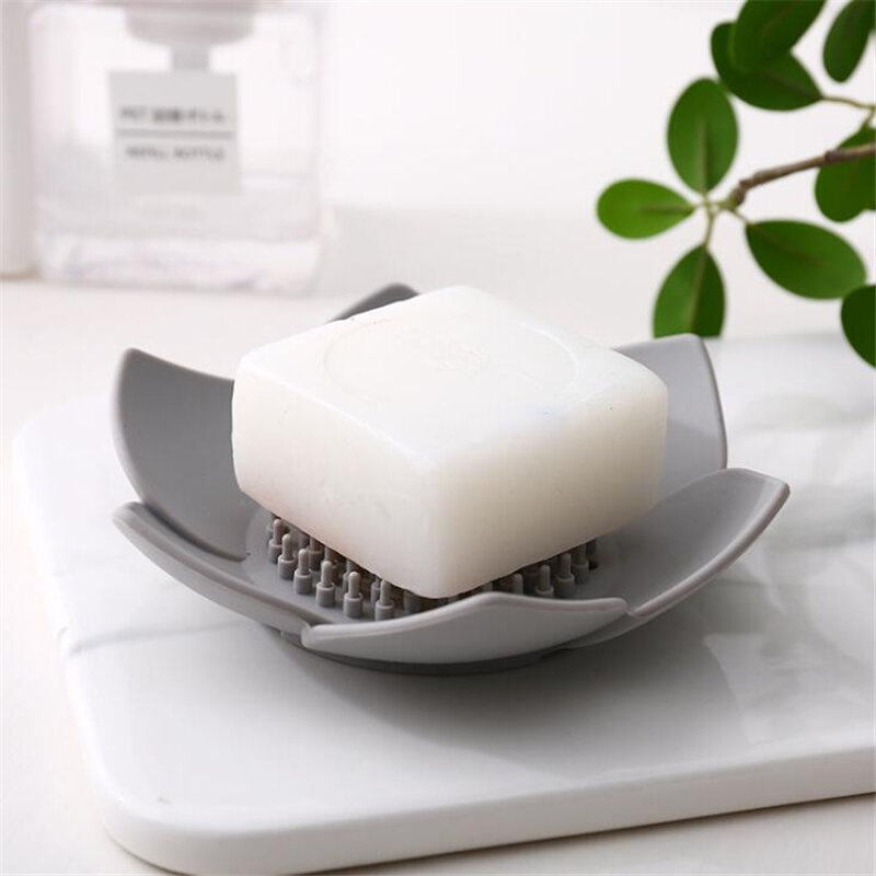 Flower Soap Dish Gray Anti-Slip Porous Design Silicone Bathroom Soap Dish Portable Soap Drain Tray