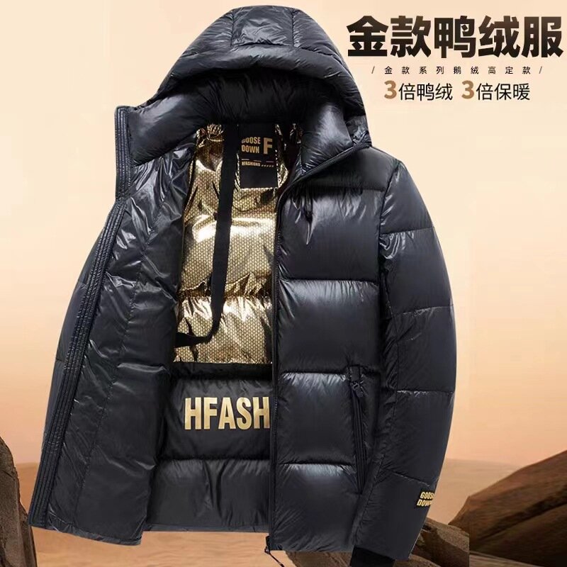 Black Gold Down Jacket Men's Coat Winter Thickening Tooling Hooded Warm White Duck Down