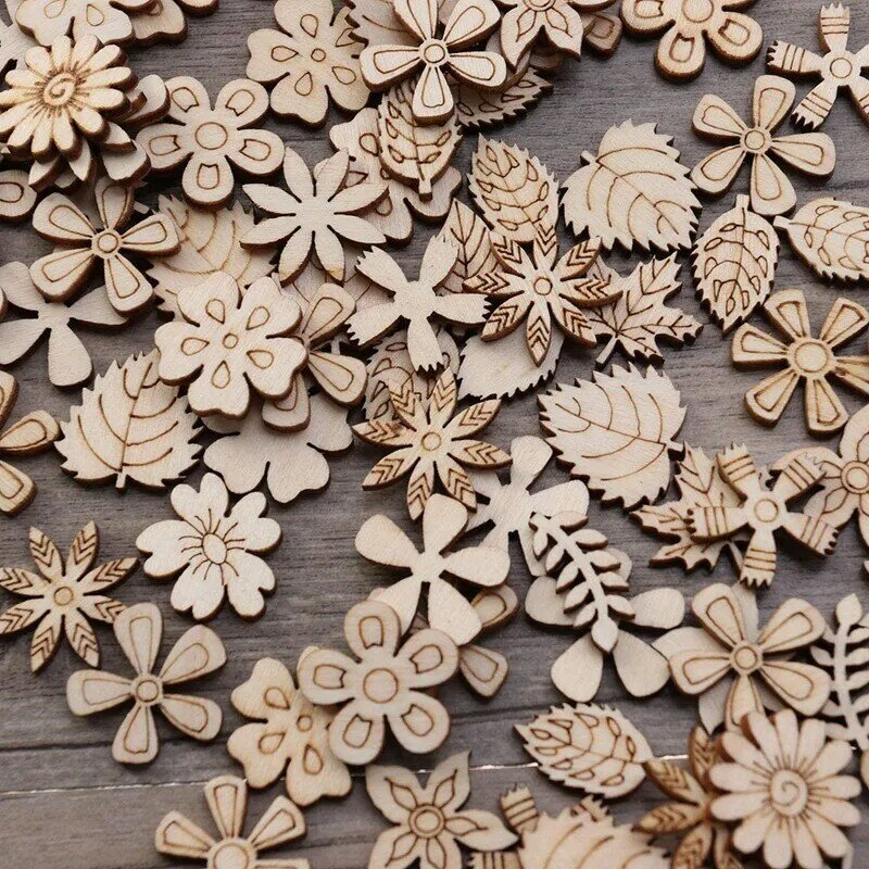 100 szt. Drewnianych krążków kształt kwiatu niedokończonych drewnianych wycinanki rzemieślnicze do dekoracji