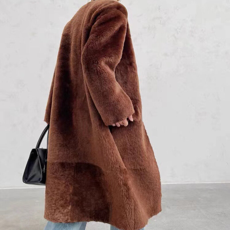Maomaokong-abrigo de piel auténtica para mujer, Chaqueta larga con cuello redondo, holgada, sencilla, de color café/Camel