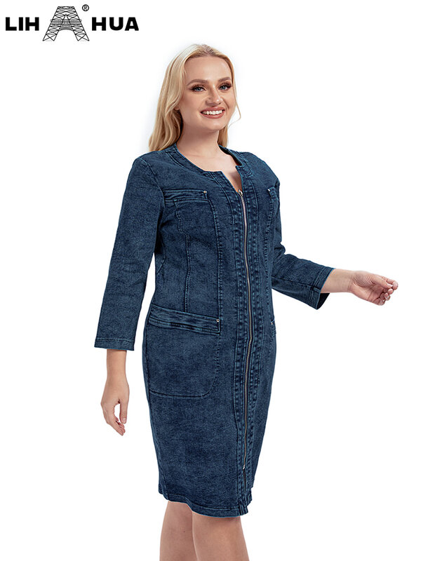 LIH HUA Vestido de mezclilla de talla grande para mujer Vestido de moda informal tejido de algodón de otoño de alta elasticidad