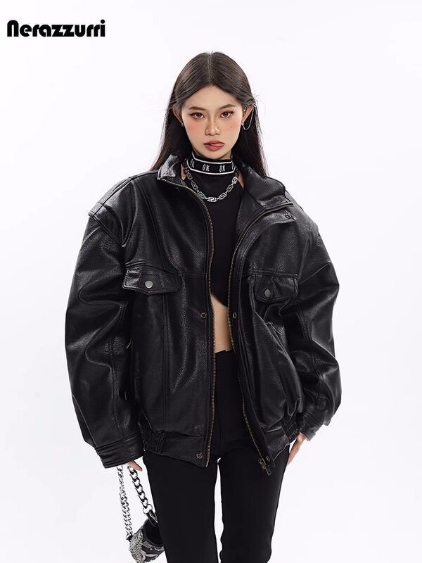 Nerazzurri-女性のための厚くて防風性のあるブラックレザージャケット,ジッパー付きの豪華なユニセックスの衣服,2023