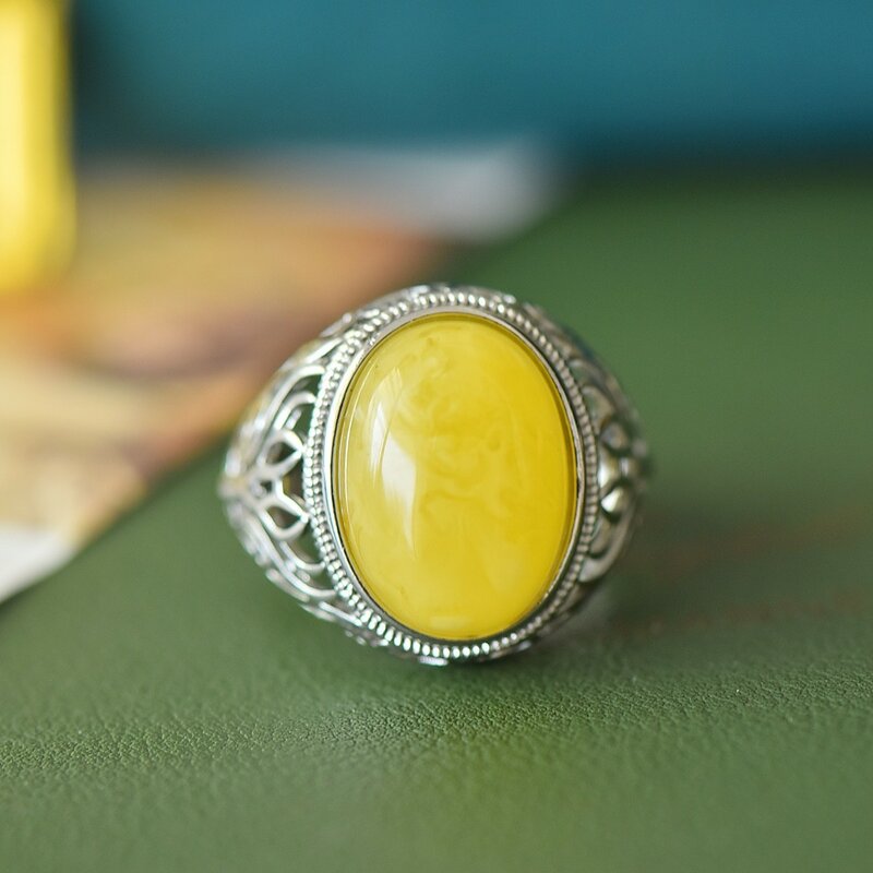 Cincin Amber alami pria wanita, perhiasan aksesori halus penyembuhan asli batu permata Baltik Amber cincin berongga besar dapat disesuaikan