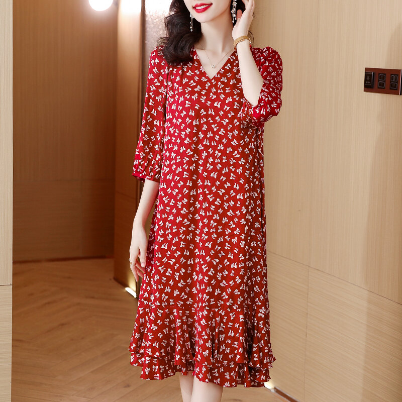 Spring/Summer 2023 New French Red Short Sleeve Silk Chiffon Dress Women's Bow Print V-Neck Temperament Waist Wrapped A-lineDress