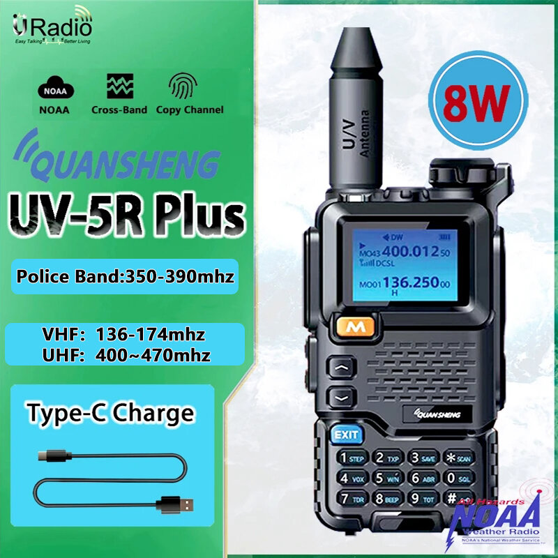Quansheng-UV-5R Plus Walkie Talkie, 8W, 3800mAh, Tipo-C Charge, UHF, banda VHF, DTMF, FM, Scrambler, NOAA, frequência sem fios, rádio bidirecional
